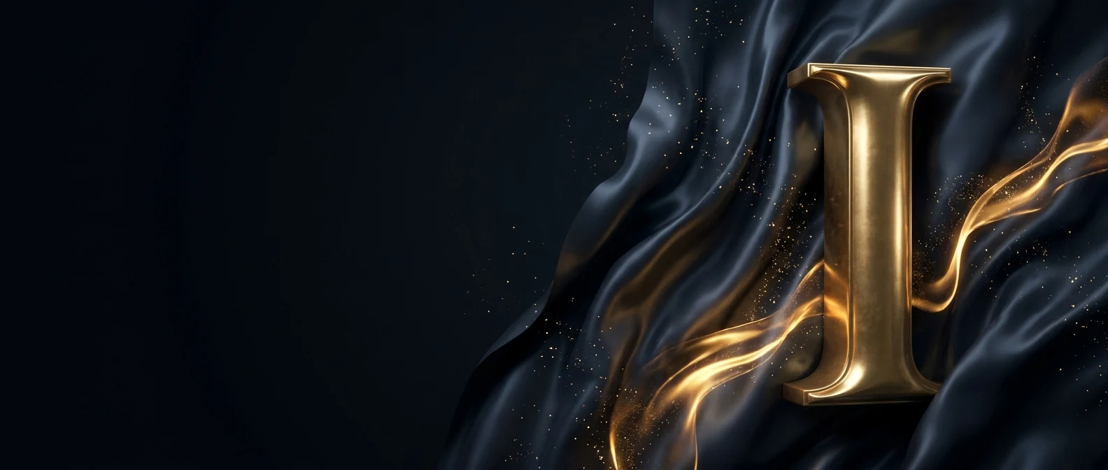 A golden letter 'I' rests on flowing dark blue silk fabric.